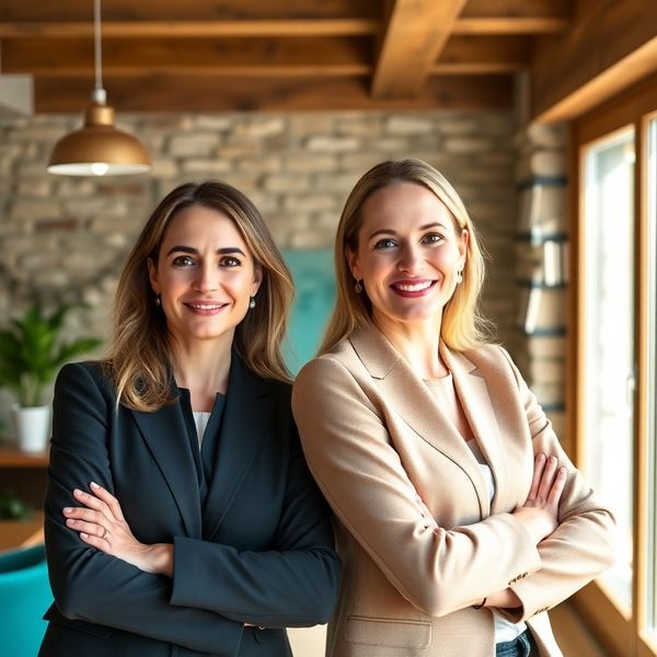 Portret dveh svetovalcev v svetli pisarni s teal poudarki